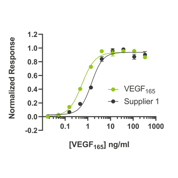 Bioactivity graph showing the EC50 of 0.55 ng/ml (14.4 pM) for Qkine recombinant human VEGF 165 is higher than an alternative supplier sample tested in parallel