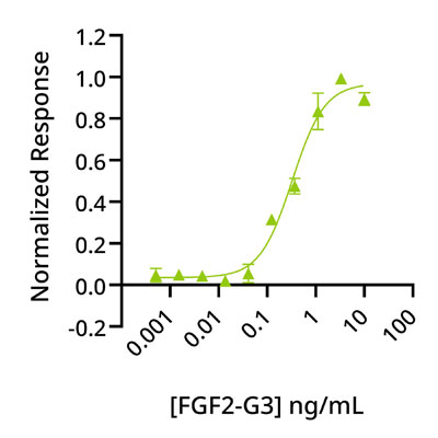 Bioactivity graph showing the EC50 of 415 pg/ml (24 pM) for Qkine recombinant bovine/porcine FGF2-G3 154 aa